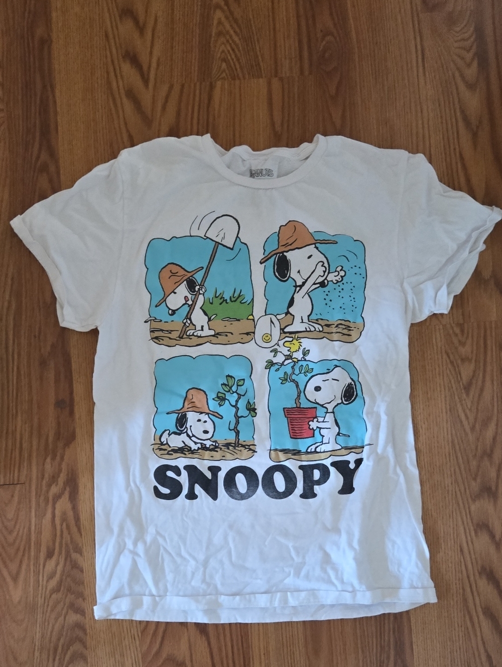 Peanuts Snoopy Gardening Graphic Tee - White with Blue, Brown, Black